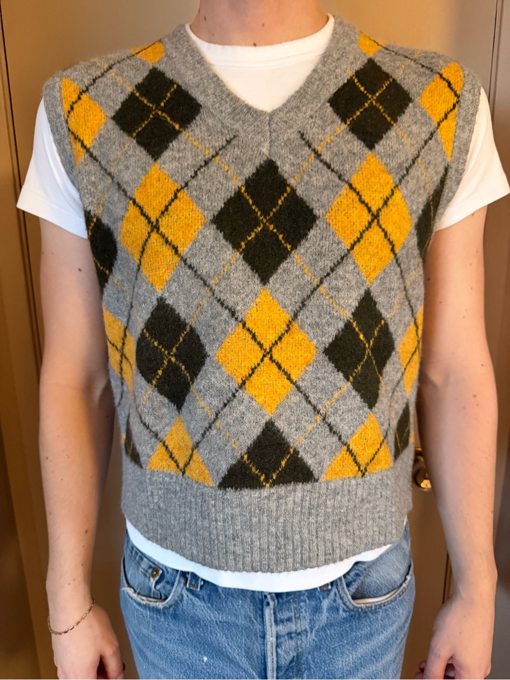 Zara Gray V-Neck Argyle Sweater Vest with Yellow & Dark Green Diamonds